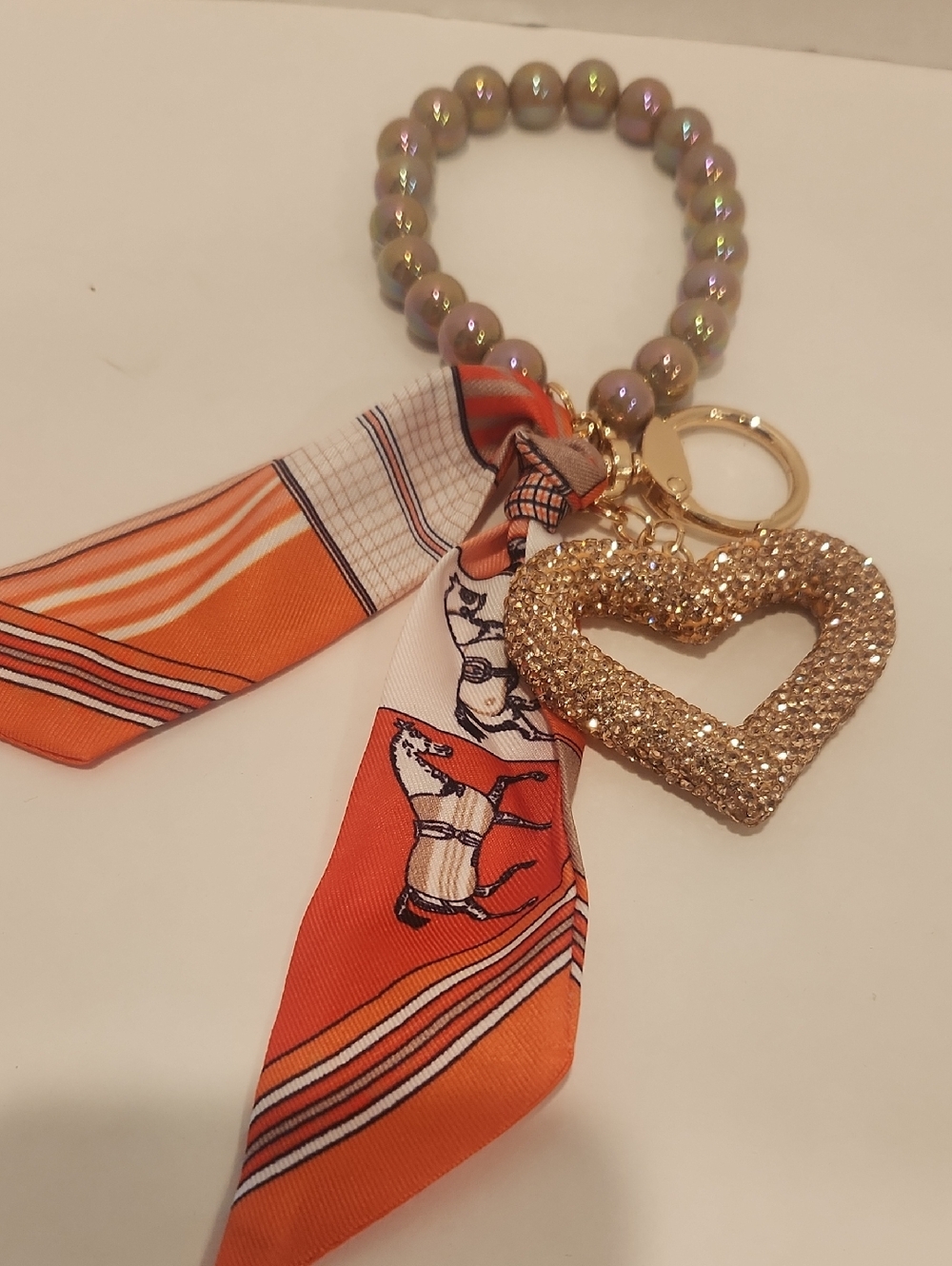 Beaded Wristlet Keychain with Gold Glitter Heart and Orange HORSE  Scarf Tie